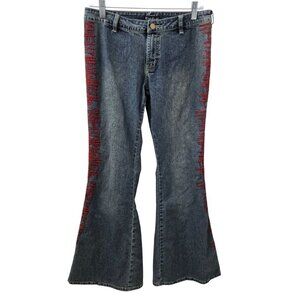Vtg Bebe Flare Jeans Womens 30 Red Embroidery Grunge Punk Goth Y2K Low rise Boho